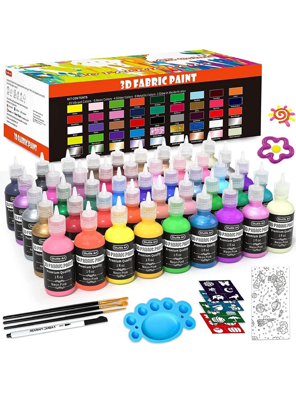 Shuttle Art Fabric Paint Set - 45 Colors, 3D Permanent Paint Kit with Extras